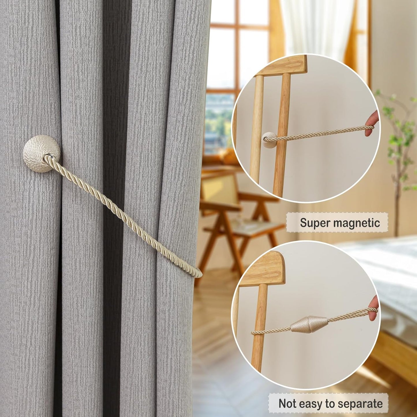Magnetic Curtain Tiebacks 2 Pack Outdoor Rope Curtain Tie Backs Decorative Window Treatment Holdbacks for Home Decorative Curtain, Beige