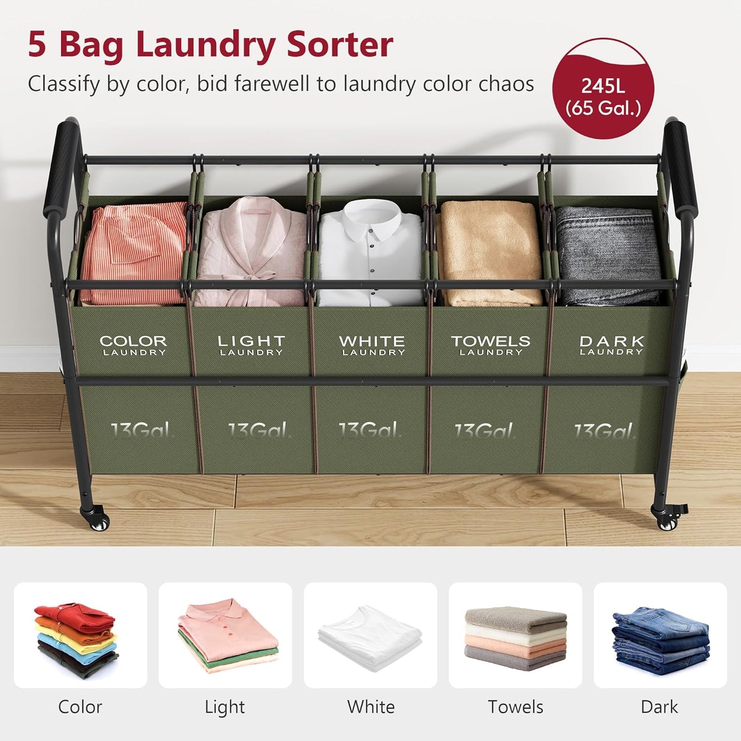 Tajsoon 5 Sections Laundry Sorter, Laundry Hamper with Heavy Duty Lockable Wheels and Removable Bags, 5 Bag Laundry Sorter Cart for Dirty Clothes Storage, Laundry Separator Hamper, Green