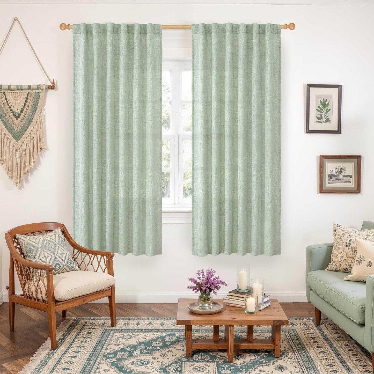 YoungsTex Sage Green Linen Curtains 63 Inch Length for Short Living Room, Semi Sheer Window Drapes Light Filtering with Back Tab Rod Pocket for Bedroom Spring Decor, 52 X 63 Inch, 2 Panels