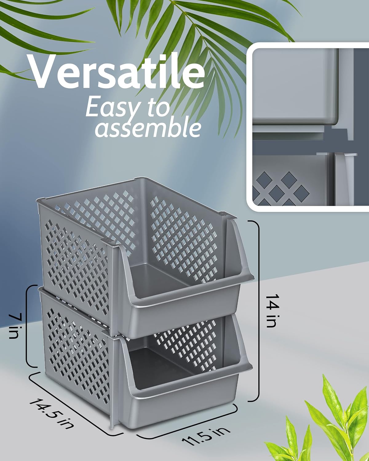 TidyFriend Plastic Stackable Storage Bins for Pantry, 2 Pack Stackable Bins for Organizing Food, Kitchen, and Bathroom Essentials (Grey)