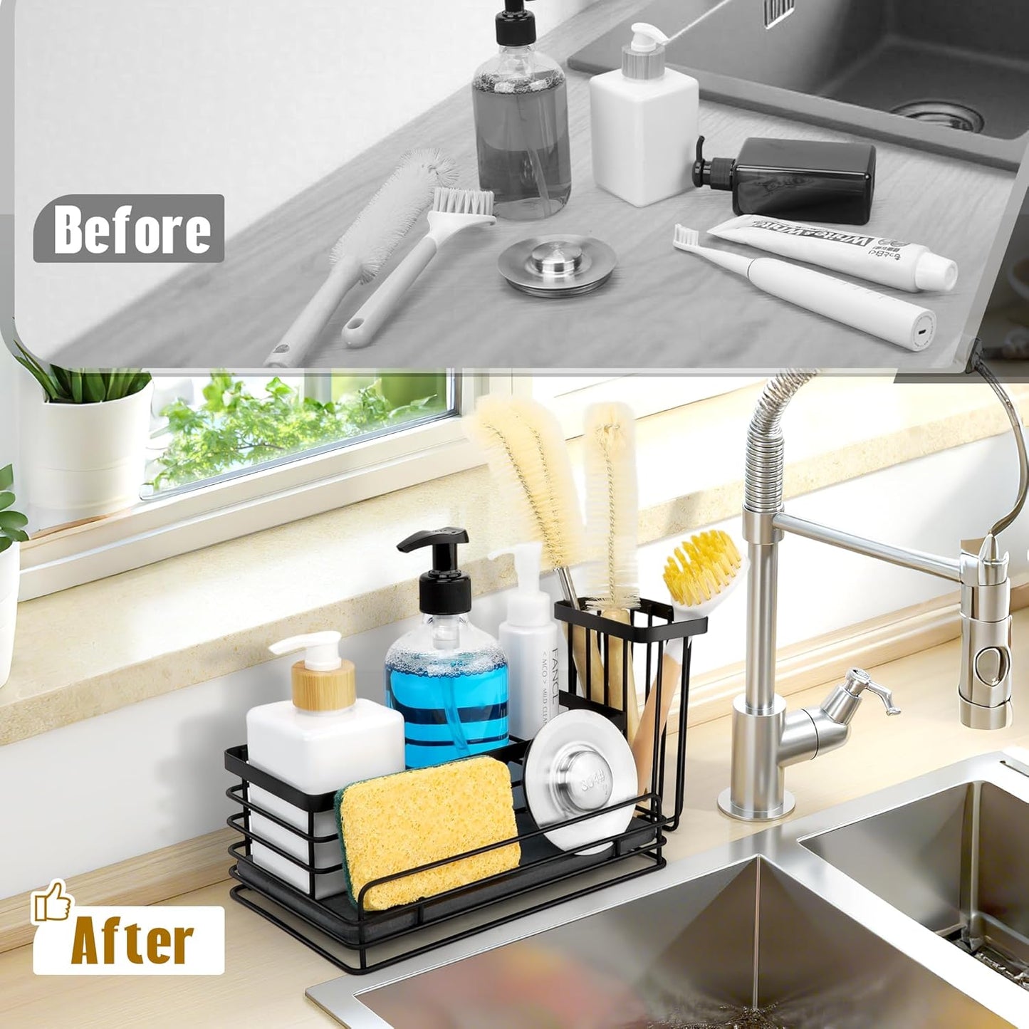 Sponge Holder for Kitchen Sink – Rustproof Sink Caddy & Kitchen Organizer with High Brush Holder, Fast Drying Diatomite Base, 304 Stainless Steel Dish Sponge Rack(Black)