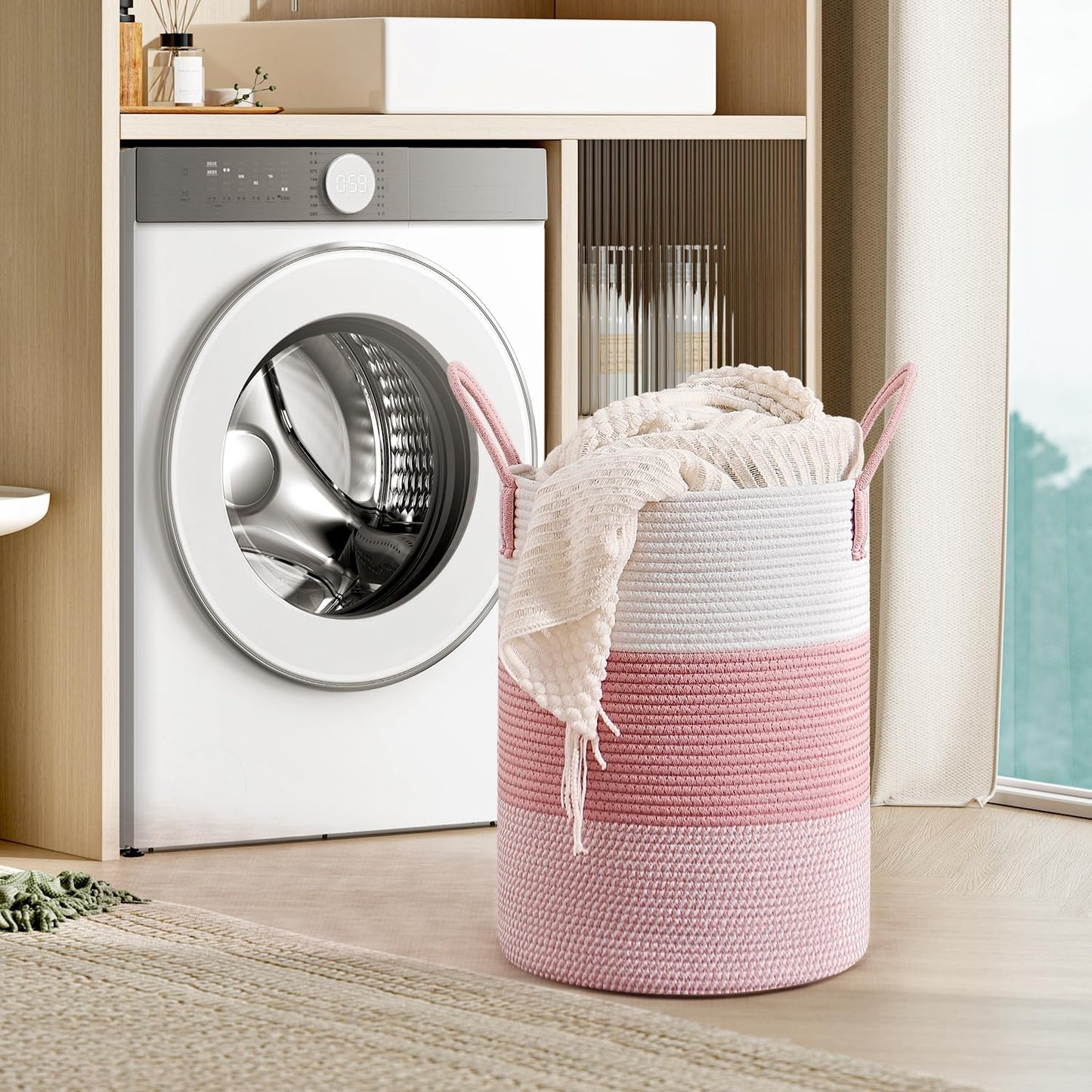 CLHMILY&Z 60L Laundry Basket Round Storage Rope Basket - 15x20.5 Inches - Pink Hamper in Bedreoom and Cute Storage Bin for Blankets, Toys, and Nursery Essentials