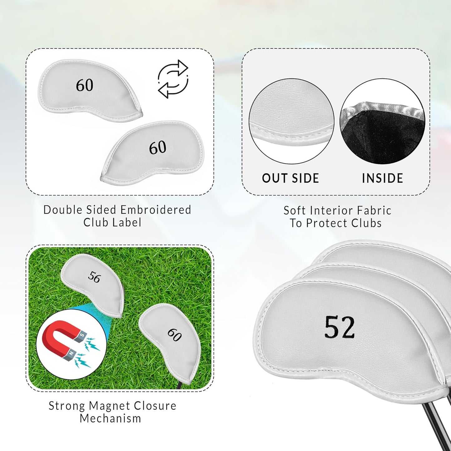 Premium Magnetic Leather Iron and Wedge Golf Club Head Covers | Set of 10 | Fits Most Clubs | Embroidered Club Label on Both Sides of Club Head Cover