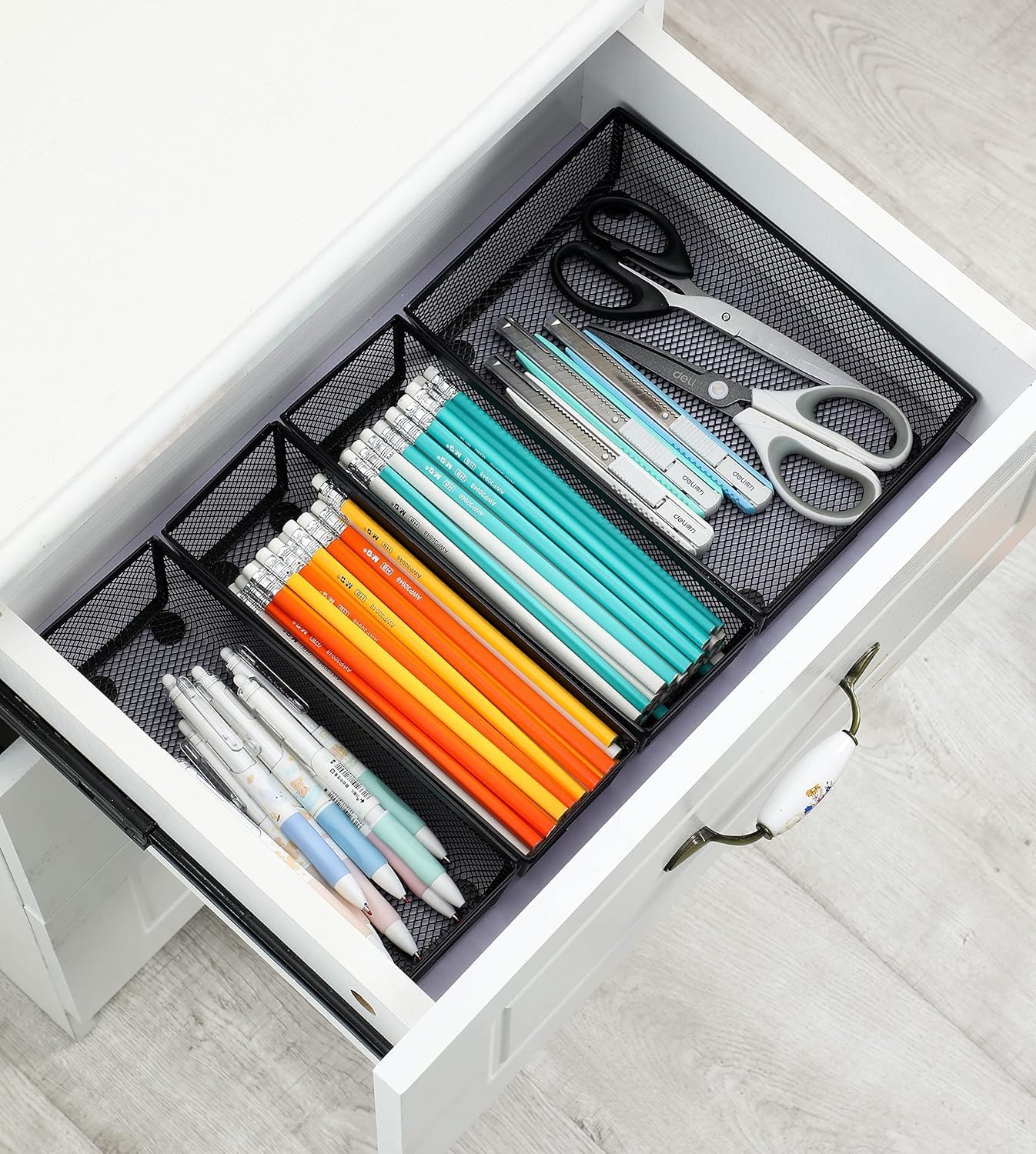 BYCY Silverware Drawer Organizer, Mesh Utensil Organizer for Kitchen Storage, Black Steel Metal Mesh Tray for Flatware Fork Spoon Knife… (9 * 3-5P-Black)