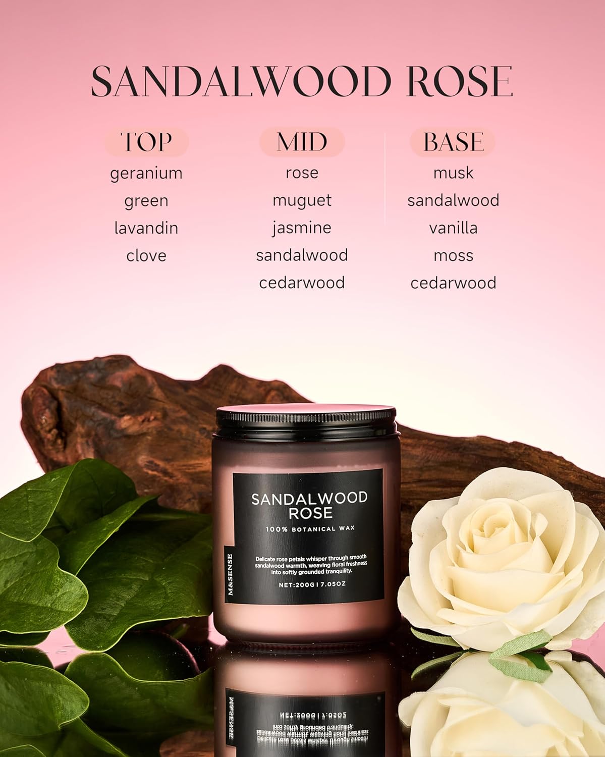 M&SENSE Sandalwood Rose Scented Candle 7.05oz 50 Hours Long Lasting Burn Natural Soy Wax Strong Scented Candle for Home, 2 Wick Home Fragrance Slow Burning Housewarming Gifts for Men Women