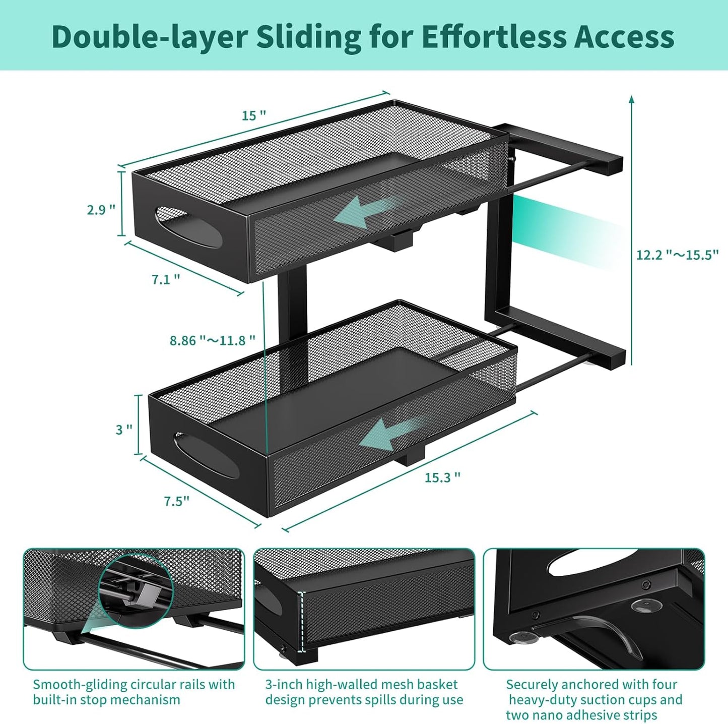 Under Sink Organizer, 2-Pack of 2-Tier Metal Slide Out Pull Out Cabinet Organizer Shelf, Height Adjustable Organization and Storage Series, Bathroom/Desktop/Cabinet/Kitchen Organization, Black