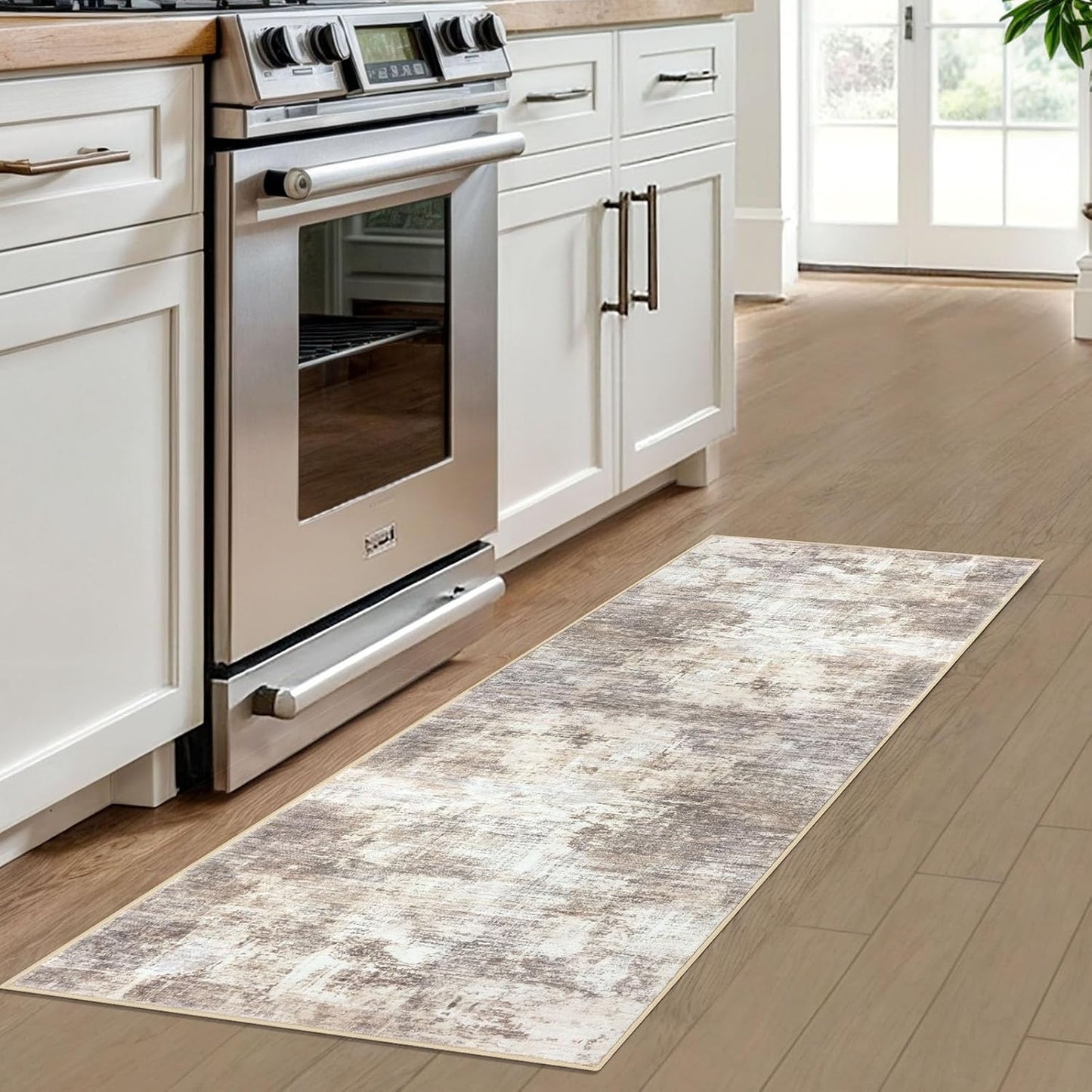 IOHOUZE Abstract Runner Rug 2x6 Ft Washable Runners for Hallways, Non Slip Kitchen Runner Printed Faux Wool Entryway Runner Indoor, Modern Abstract Floor Carpet for Hall Kitchen Bedroom, Beige Brown