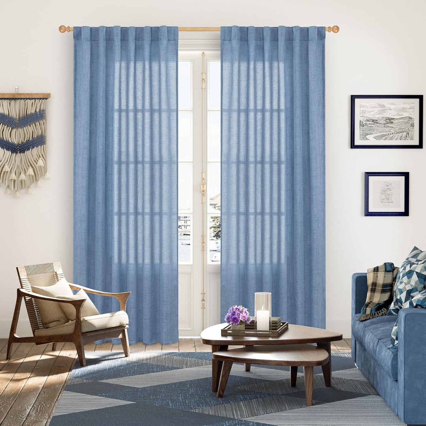 YoungsTex Denim Blue Linen Semi Sheer Curtains 84 Inches Long for Living Room 2 Panels, Light Filtering Drapes with Rod Pocket Back Tab Privacy for Bedroom Dining Room Office, 52 x 84 Inch