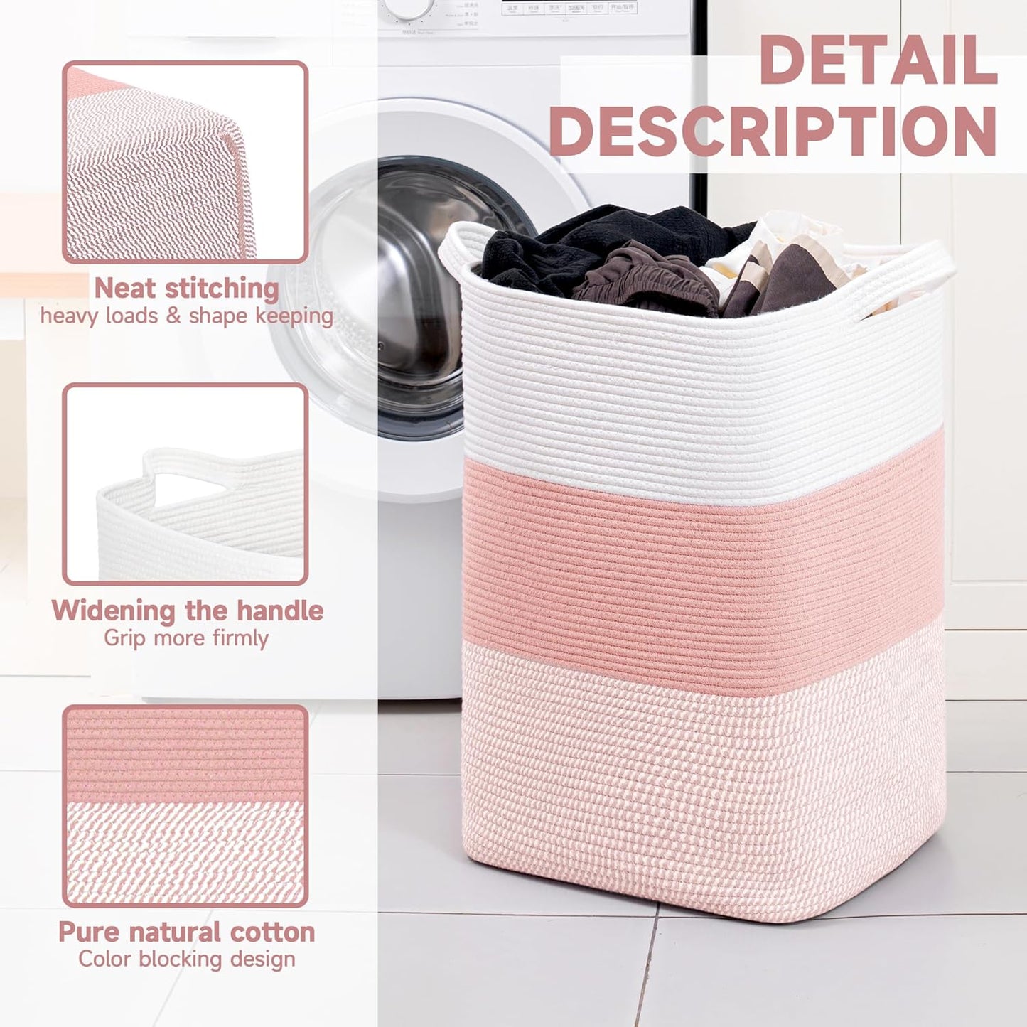 CLHMILY&Z 95L Laundry Basket Rectangular Pink Rope - 16x15x24 Inches - Dirty Clothes and Soft Storage Bin for Blankets, Toys, and Nursery Essentials