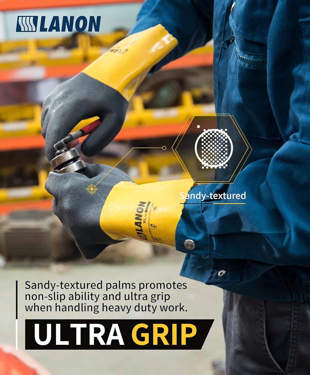 LANON 3 Pairs PVC Chemical Gloves, Thick Rubber Work Gloves, Heavy-Duty, EN 374/388, Acid, Alkali and Oil, Non-Slip, Large