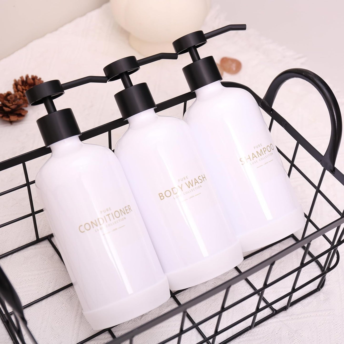 Shampoo and Conditioner Dispenser Set of 3,Refillable 21oz Shampoo Bottles with Non-Slip Protective Silicone Pad,Shower Soap Dispenser with Waterproof Labels for Bathroom (White)