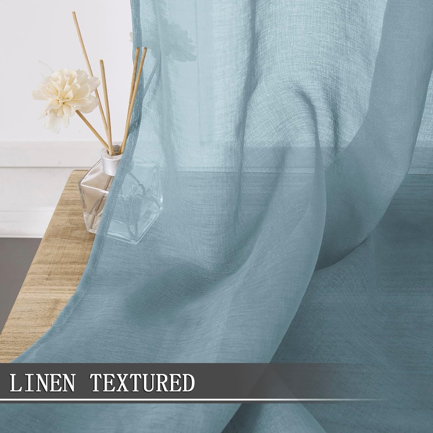 Tollpiz Sheer Tier Curtain Linen Textured Half Kitchen Curtains Sheer Light Filtering Rod Pocket Voile Small Curtains for Bathroom, 25 x 36 inches Long, Dusty Blue, Set of 2 Panels