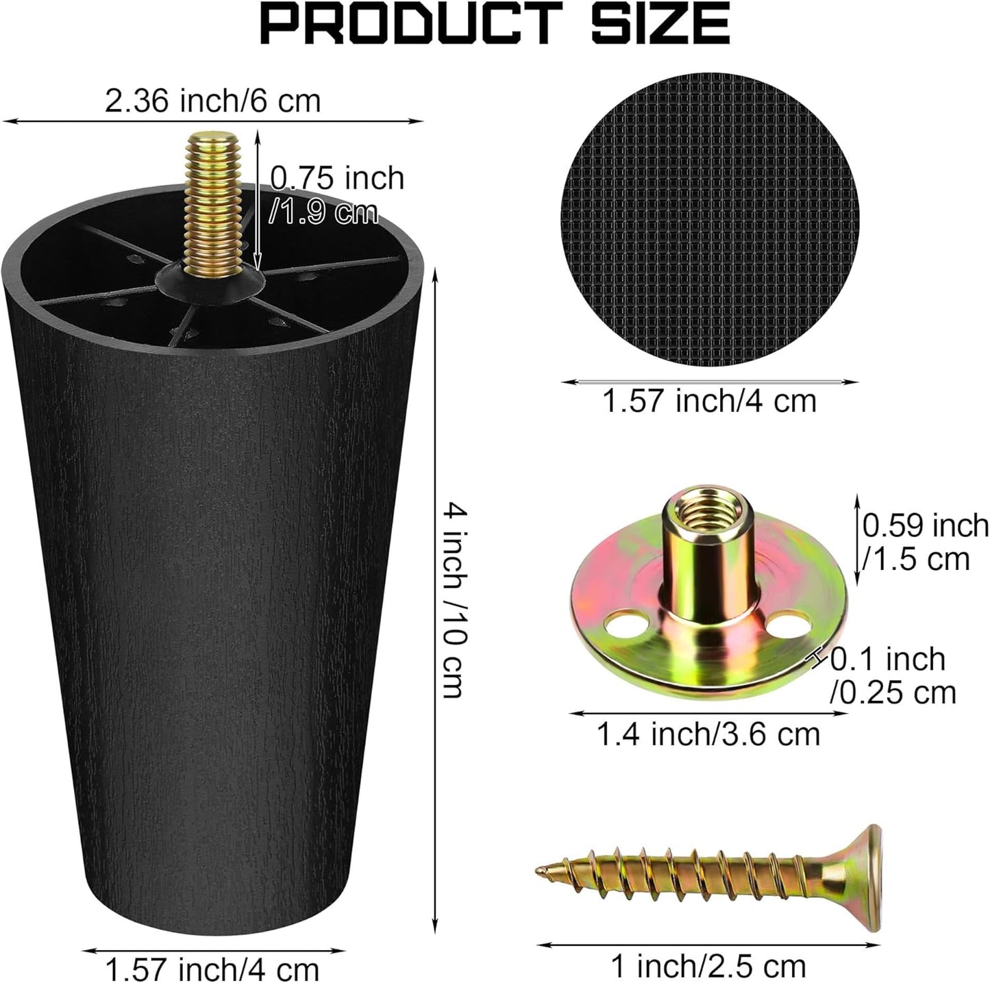 TURSTIN 16 Pack 4 Inch Plastic Furniture Legs with M8 T-Nuts Screws Tapered Sofa Couch and Chair Legs Replacement Furniture Legs for DIY Projects Sofas Coffee Tables Dressers Beds