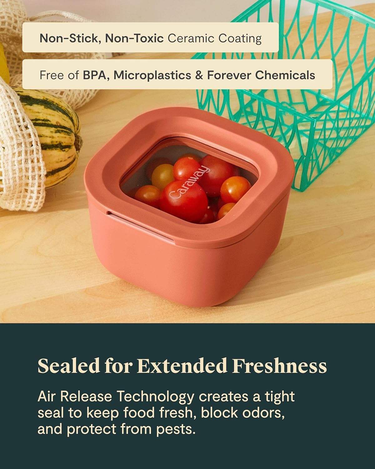 Caraway 2pc Glass Food Storage Set - 1.75 Cup Food Containers (2) - Non-Toxic Ceramic-Coated Glass - Air Release Technology - Compact & Stackable Design - Cream