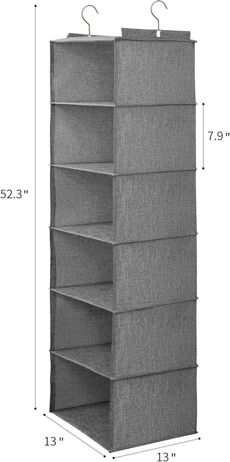 Large Hanging Sweater Organizer for Closet,Collapsible 6-Shelf Hanging Closet Shelves with Drawers, Washable (Grey-6 Shelf-1 d)