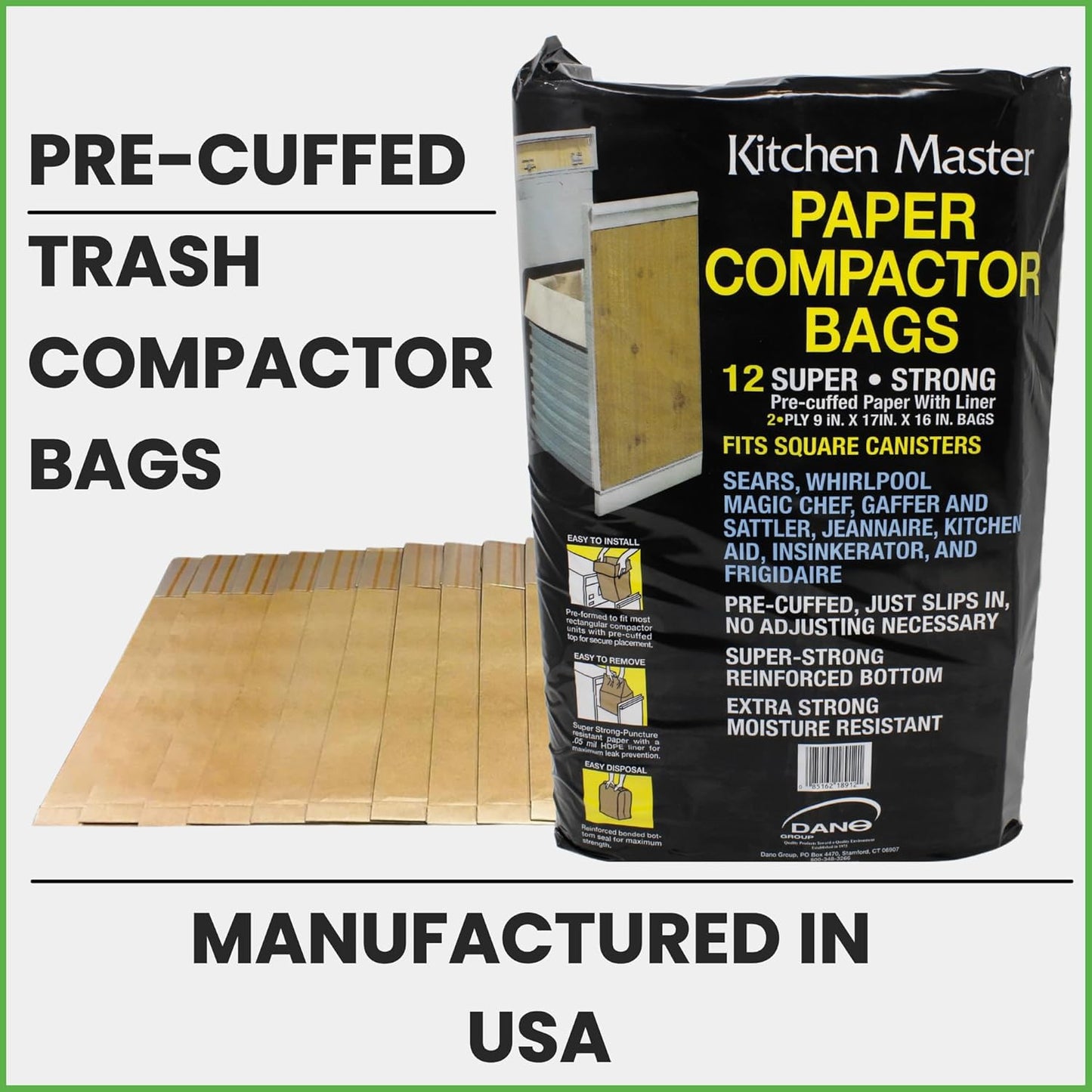 Kitchen Master Super Strong Compactor Bags (12 Pack) | Precuffed, Garbage Compactor Bags, Kitchen Liner, Paper Trash Bin Press, Kitchen Essential, Paper Garbage Press Liner
