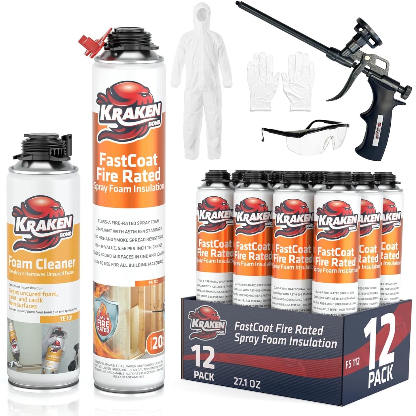 Kraken Bond Fastcoat Fire Rated Spray Foam Insulation Kit Closed Cell in a Can 240 sq ft (12x27.1 oz.) (R-Value 11.32 / 2in) - Spray Foam for Garage Door, Attic, Wall Gun & Cleaner Included, 12 Pack