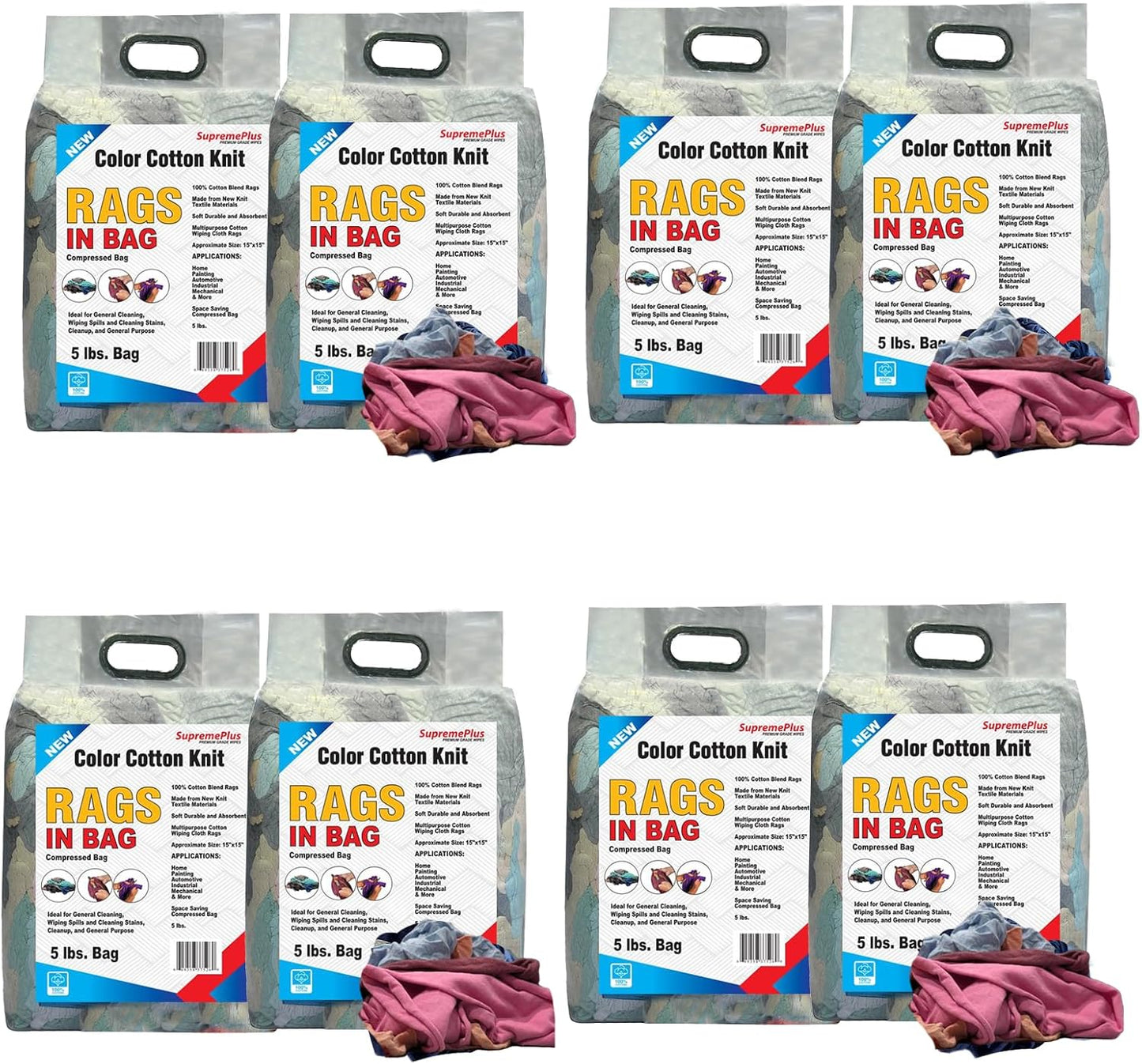 Premium Color Knit Cleaning Rags (5 lb. Bag - Pack of 8) – Shop Rags Bulk for Workshops, Mechanics, Painters, and Home Use, Multipurpose Cotton T-Shirt Rags