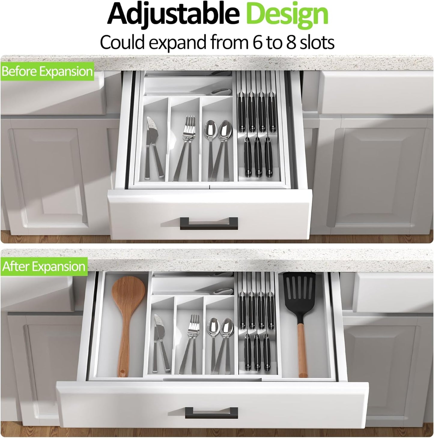 Bamboo Kitchen Drawer Organizer, Expandable Utensil Organizer with Removable Knife Block, Cutlery Tray Holder with Divider, Adjustable Silverware Organizer, White