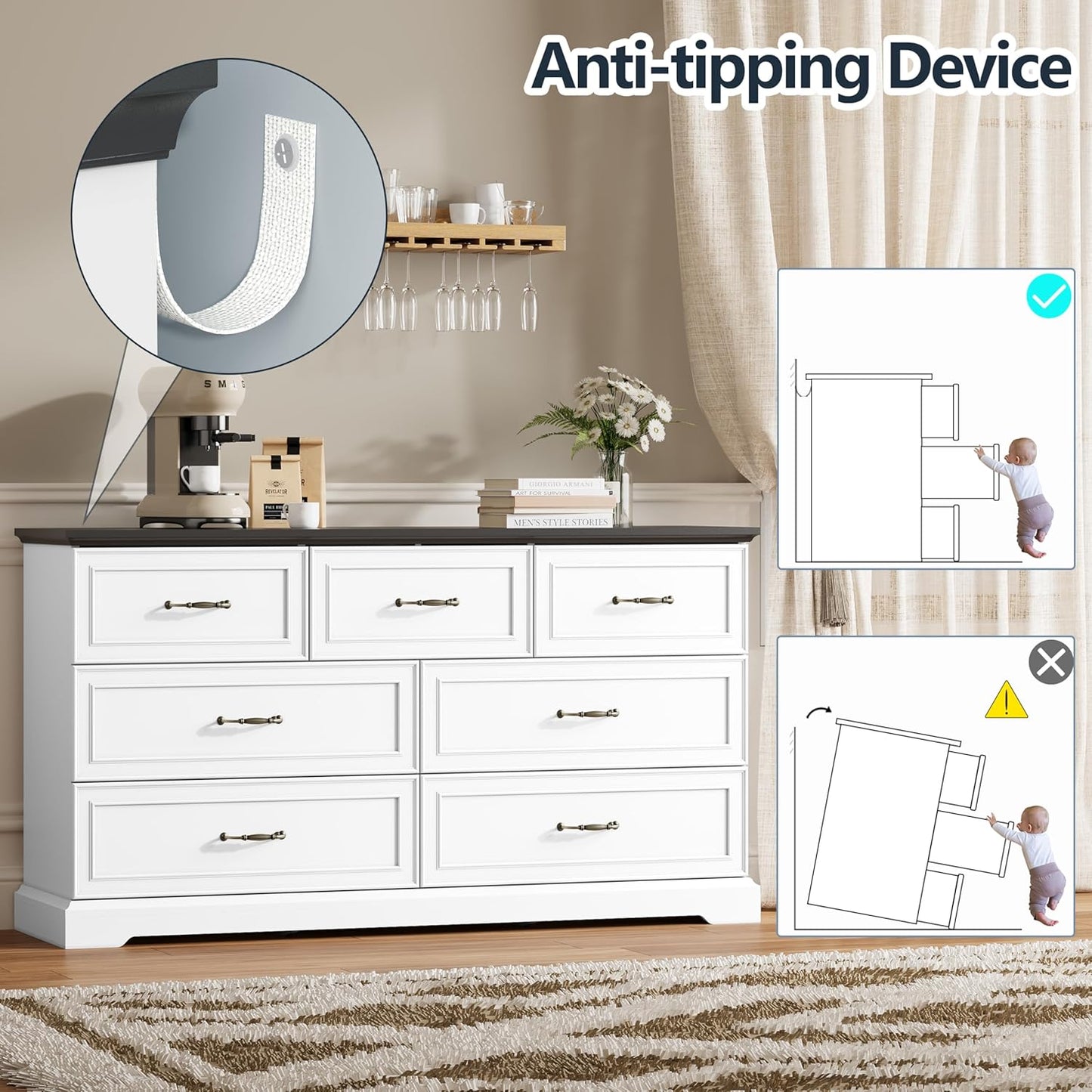 7 Drawer Dresser for Bedroom, 57" Wide Wooden Chest of Drawers, Rustic Farmhouse Dresser with Large Drawers & Metal Handles, Modern Storage Organizer for Closet, Living Room, Hallway, White