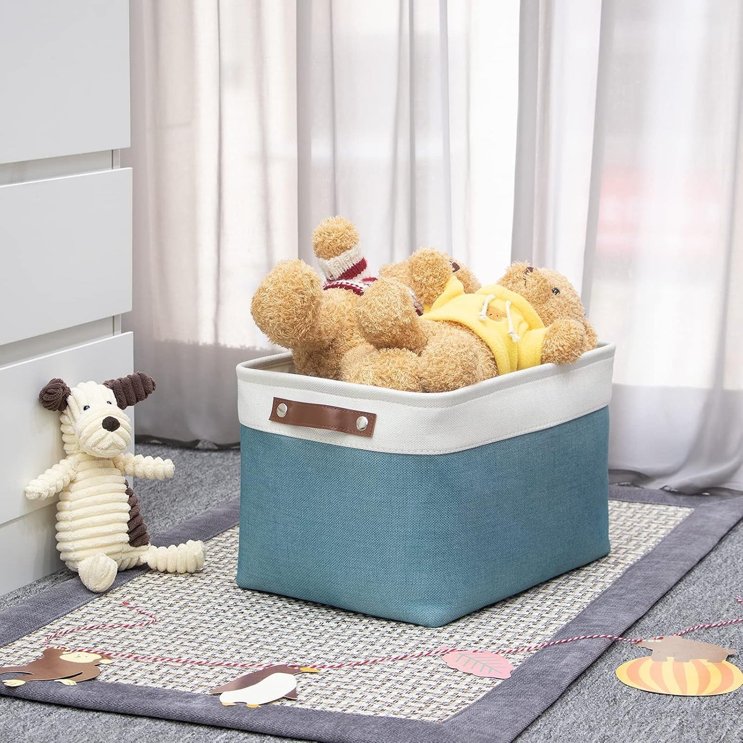 HNZIGE Storage Baskets Bins (3 Pack) Large Shelf Baskets for Clothes, Decorative Storage Bins with Handles, Canvas Collapsible Storage Bins for Organizing Storage (Gray&Teal, 15" X 11" X 9.5")