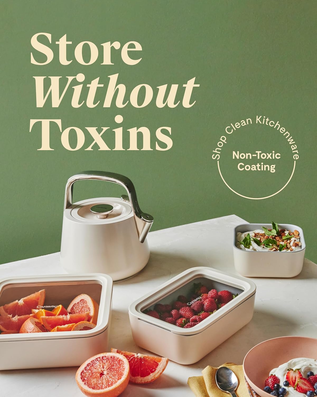 Caraway 3pc Glass Food Storage Set - 10, 6.6, & 4.4 Cup Containers - Ceramic Coated - Non-Toxic Non-Stick Lunch Box With Glass Lids - Dishwasher, Oven, & Microwave Safe - Gray