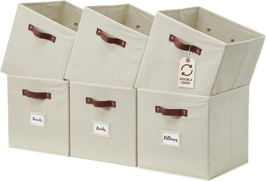 DECOMOMO Storage Bins, Cube Storage Bin with Labels, Fabric Storage Cubes for Shelves (10.5" x 11" / 6pcs, Beige)