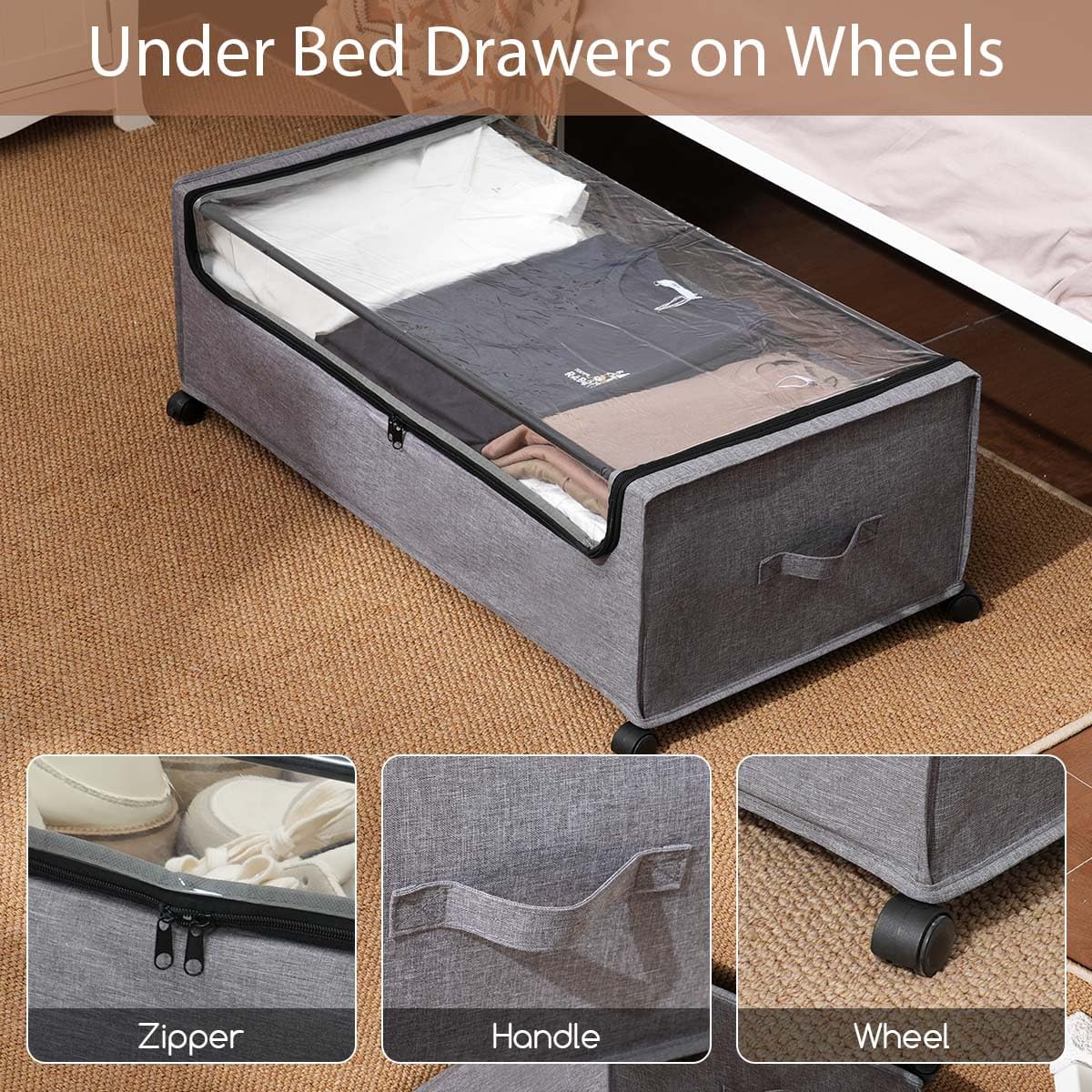 Under Bed Storage with Wheels, Under The Bed Storage Drawers On Wheels, Rolling Underbed Drawers, Lockable, Heavy Duty, XXXXL Size 90L