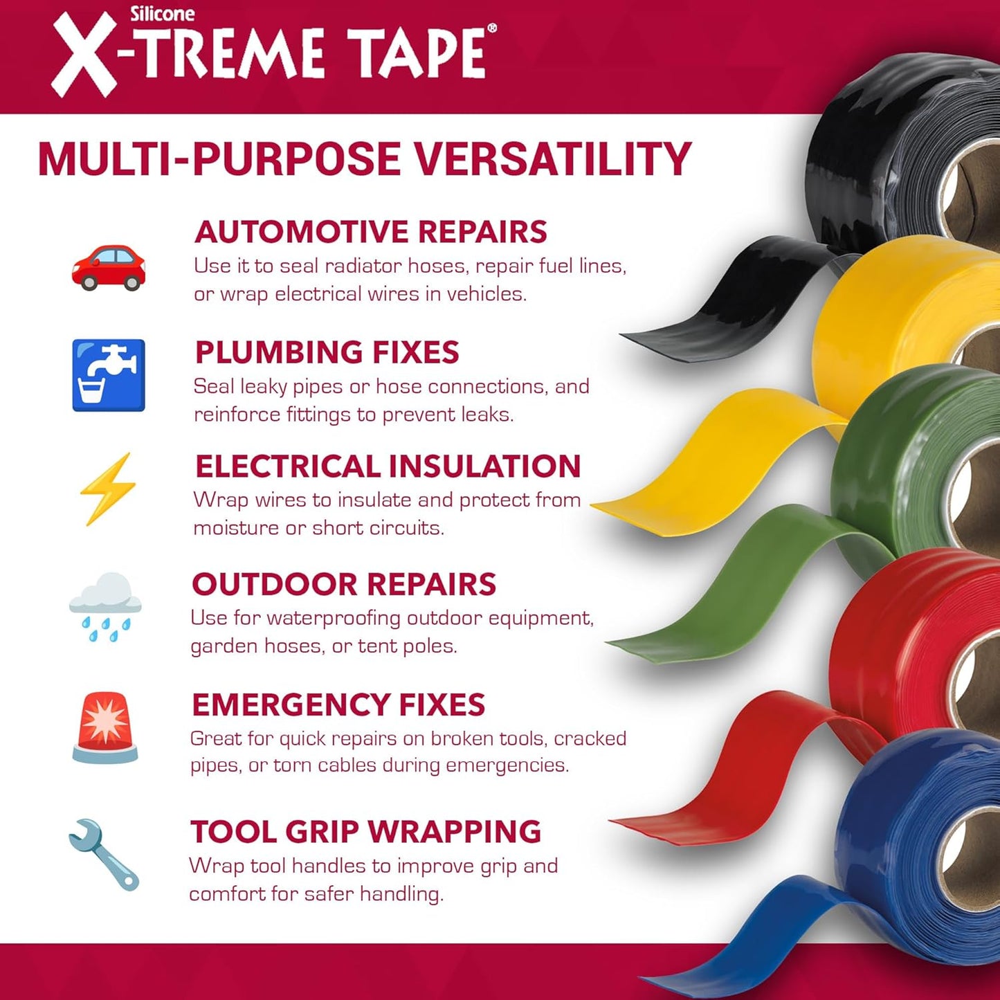 X-Treme Tape MOCAP Heavy Duty Electrical Tape, Self-Fusing Silicone Rubber, Waterproof & Insulating Flexible Tape, Electrical for Hose, Automotive, Outdoor & Repairs - 1" x 10ft Roll - Bright Red