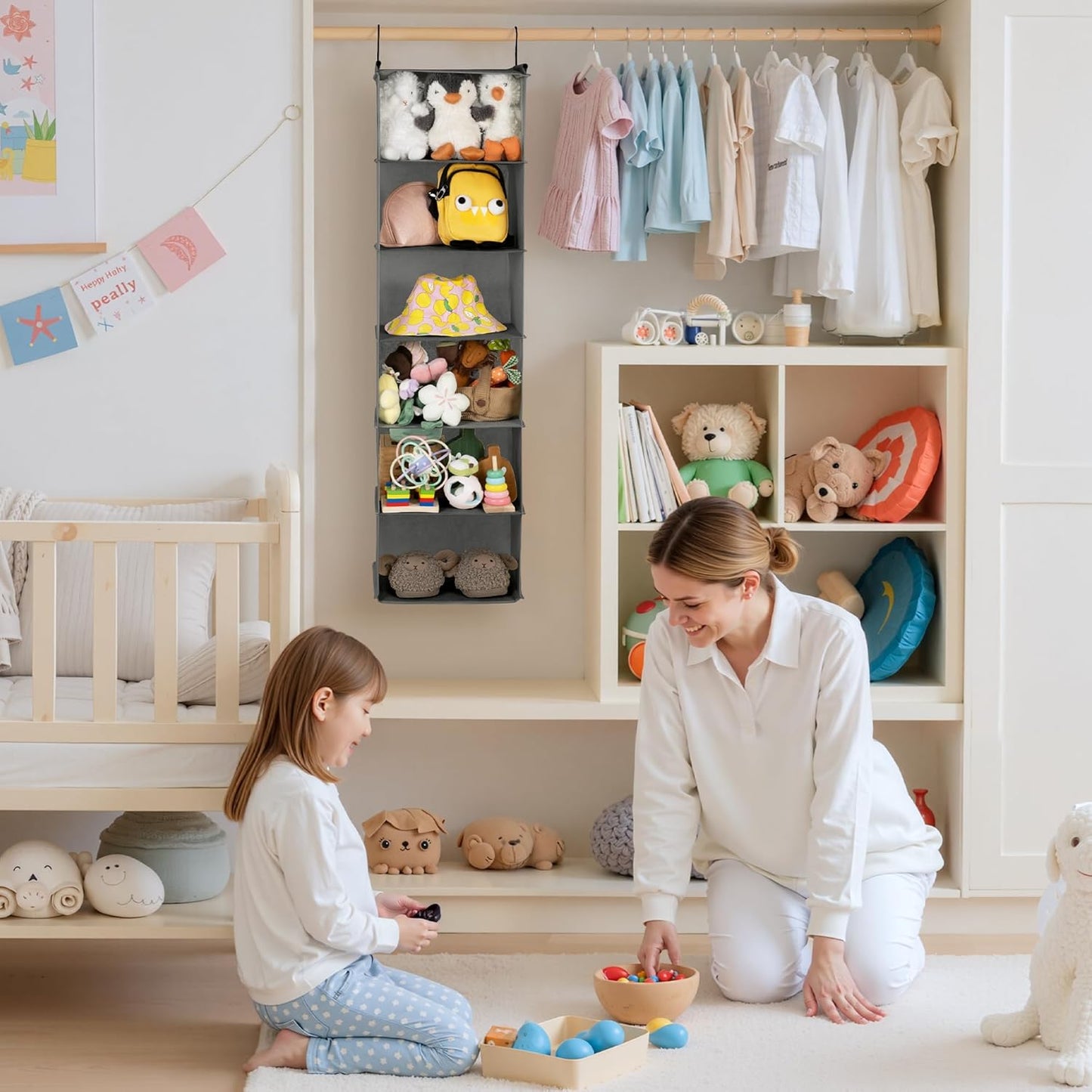 GRANNY SAYS 6 Shelf Hanging Closet Organizers and Storage, Collapsible Closet Hanging Organizer with 2 Sturdy Hooks, Large Hanging Shelves for Closet, Bedroom, Dark Gray