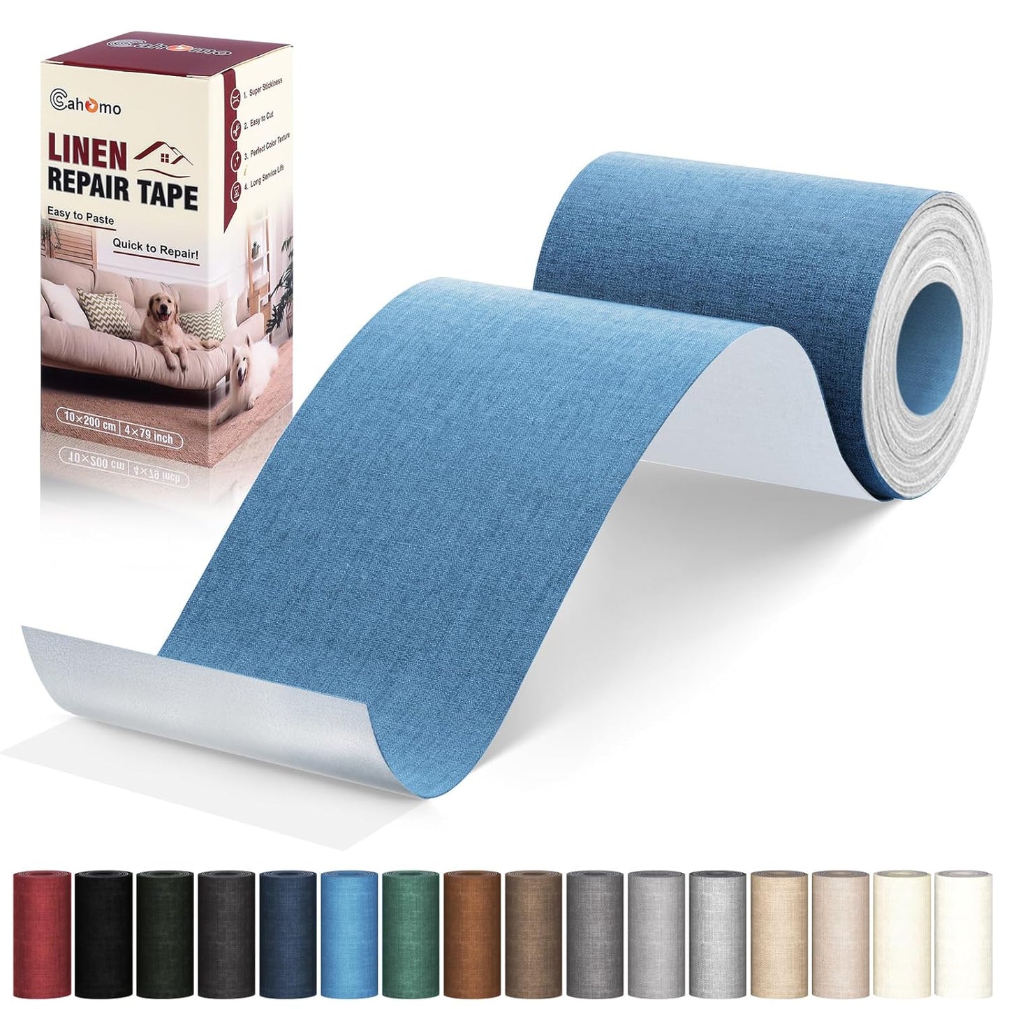 Linen Repair Tape 4x79 inch, Self Adhesive Fabric Patches, Linen Patch Tape Kit, Fabric Repair Tape for Couch Sofas, Headboards, Chairs, Pillows, Curtains, Couches - Blue