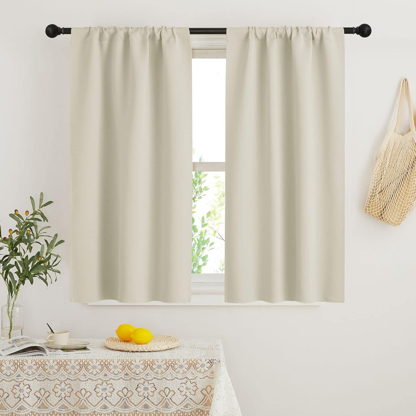 RYB HOME Beige Short Curtains Blackout, 45 inch Durable Cafe Curtains Room Darkening Window Drapes Privacy Protection for Basement Closet Kithen, W29 x L45 inch, 2 Panels