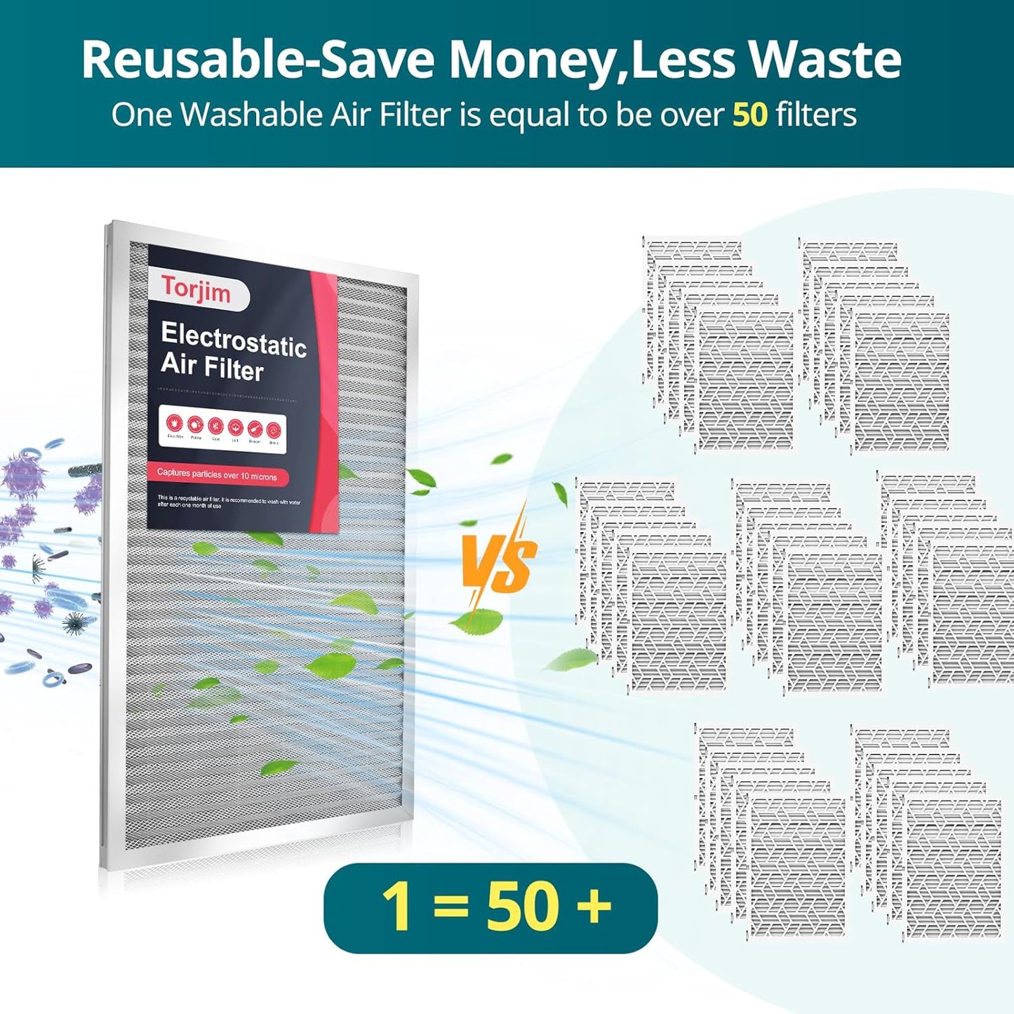 Torjim 14x20x1 Air Filter-MERV8, Washable & Reusable AC/HVAC Permanent Electrostatic Furnace Filters, Breathe Fresher, Easy Install