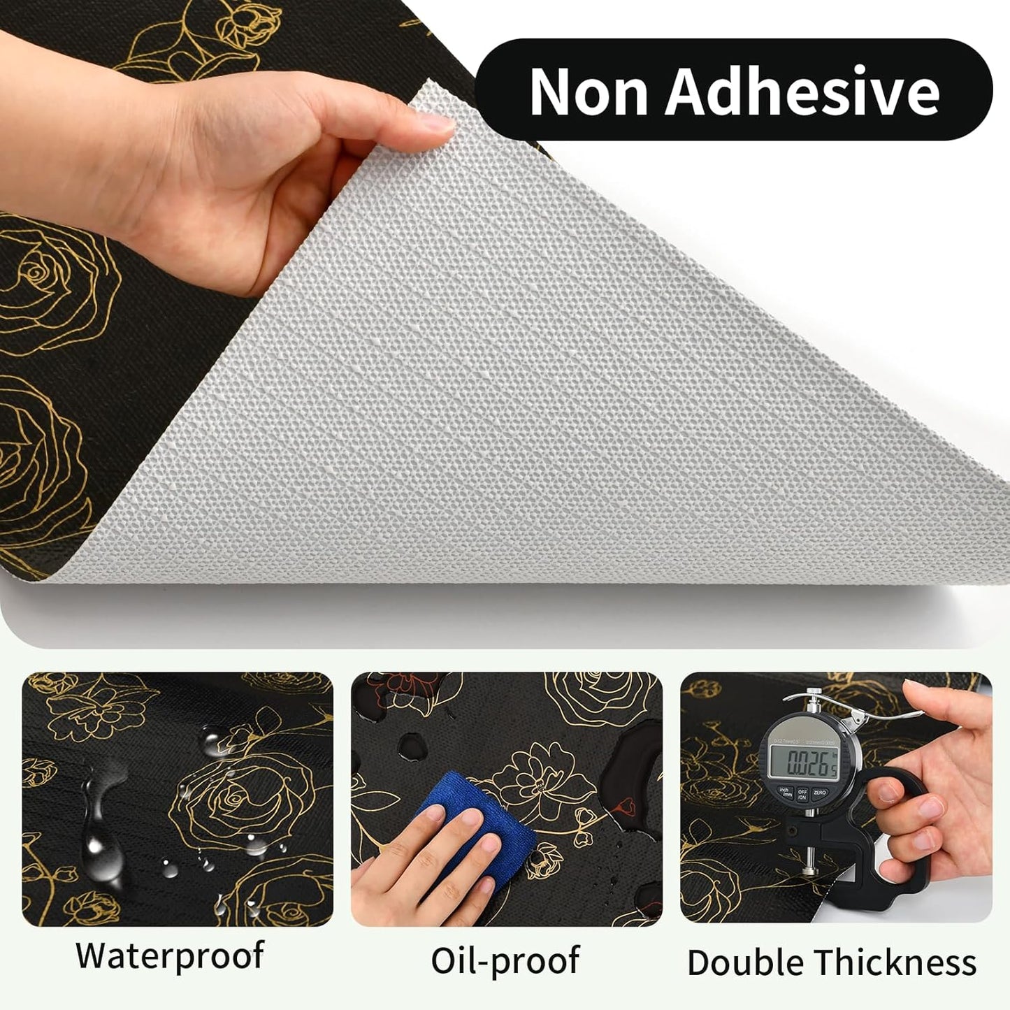Shelf Liners for Kitchen Cabinets 17.5in x 20FT Non Adhesive Drawer Liner Black Floral Thickened Shelf Liner Paper Strong Non-Slip Easy to Clean for Tool Box Refrigerator with Knife and Tape Measure