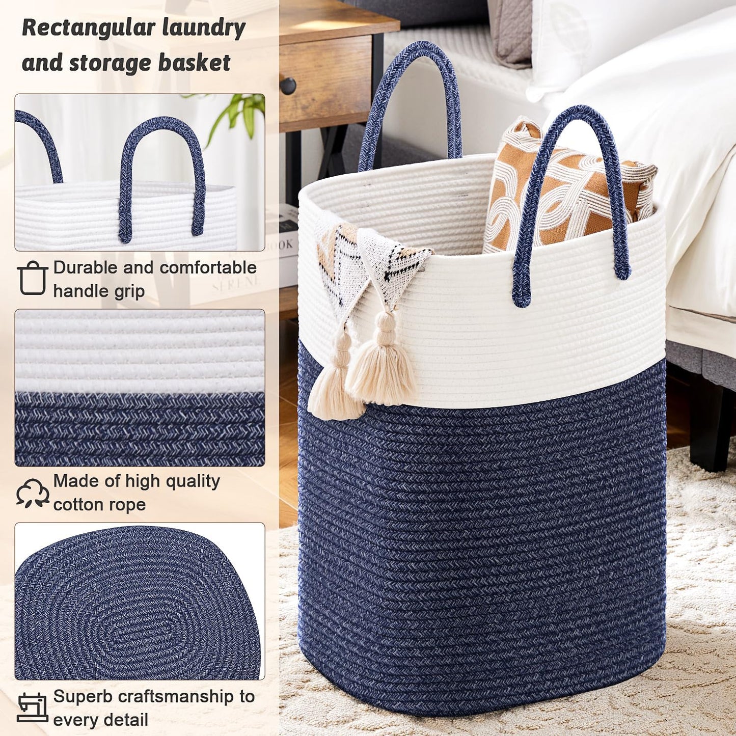 Laundry Basket,Woven Cotton Rope Laundry Hamper,Versatile Storage for Dirty Clothes,Baby Toys,and Blankets in Bathroom, Nursery,and Living Room (Blue, 100L)