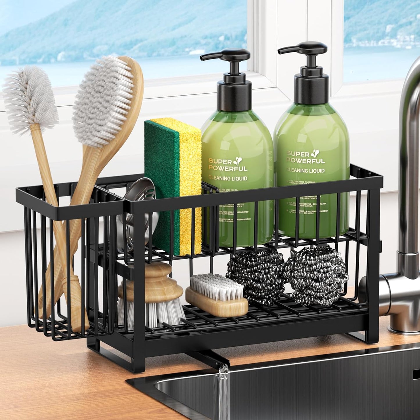 Sponge Holder for Kitchen Sink, 2 Tier Sink Caddy Organizer Countertop with Dish Brush Holder and 360° Drain Tray, Rustproof Stainless Steel Dish Soap Storage Rack Set for Accessories