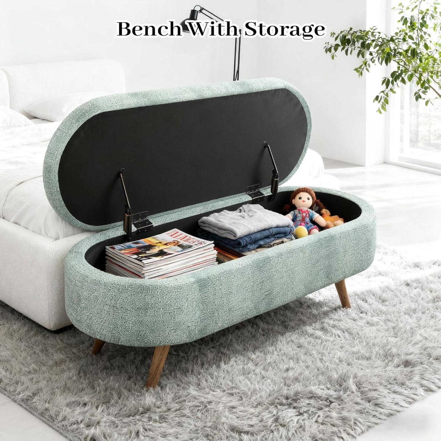 Storage Bench, 43" Storage Ottoman Bench, Shoe Storages Benches for Bedroom, Upholstered Entryway Benches with Seating, Rubber Wood Legs for Bedroom, Living Room, Entryway, Bed Side, Cyan