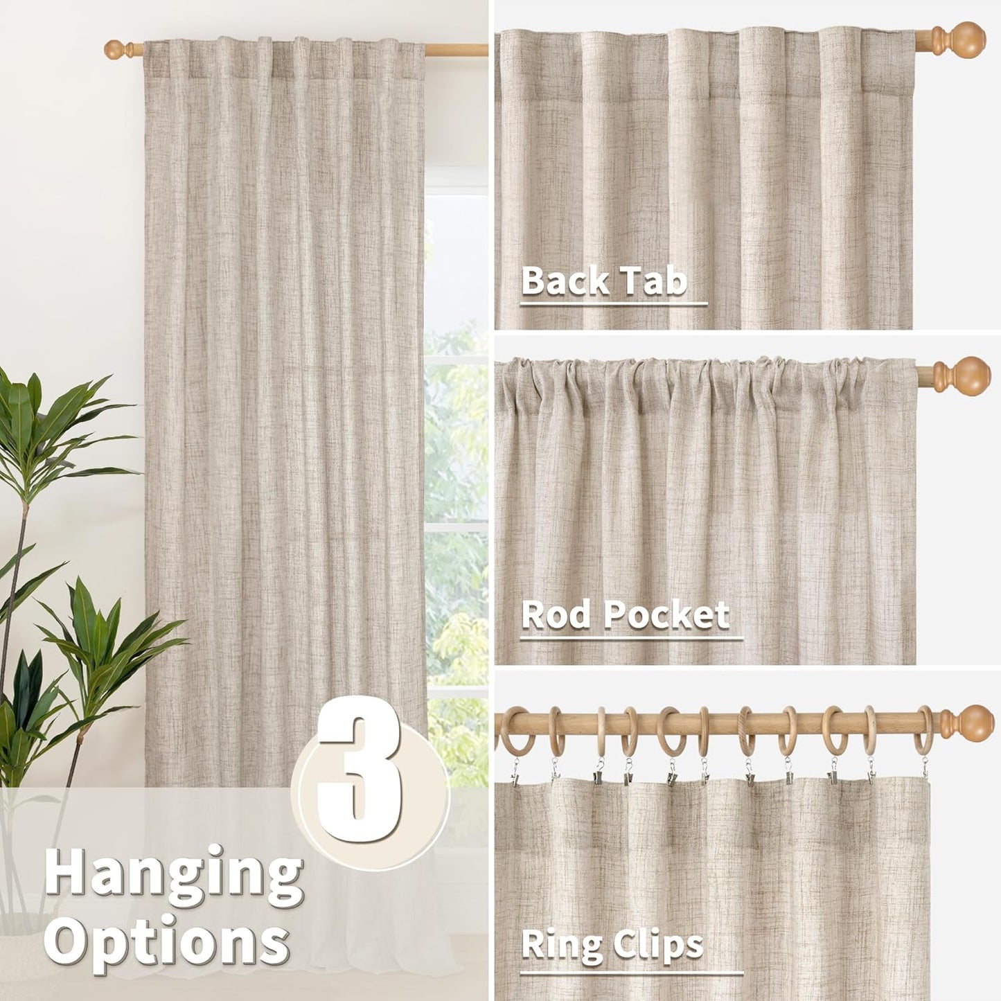 YoungsTex 84 Inch Length Linen Curtains for Living Room 2 Panels - Semi Sheer Drapes with Rod Pocket Back Tab Light Filtering Window Treatments for Bedroom Dining, Natural, 52 X 84 Inch