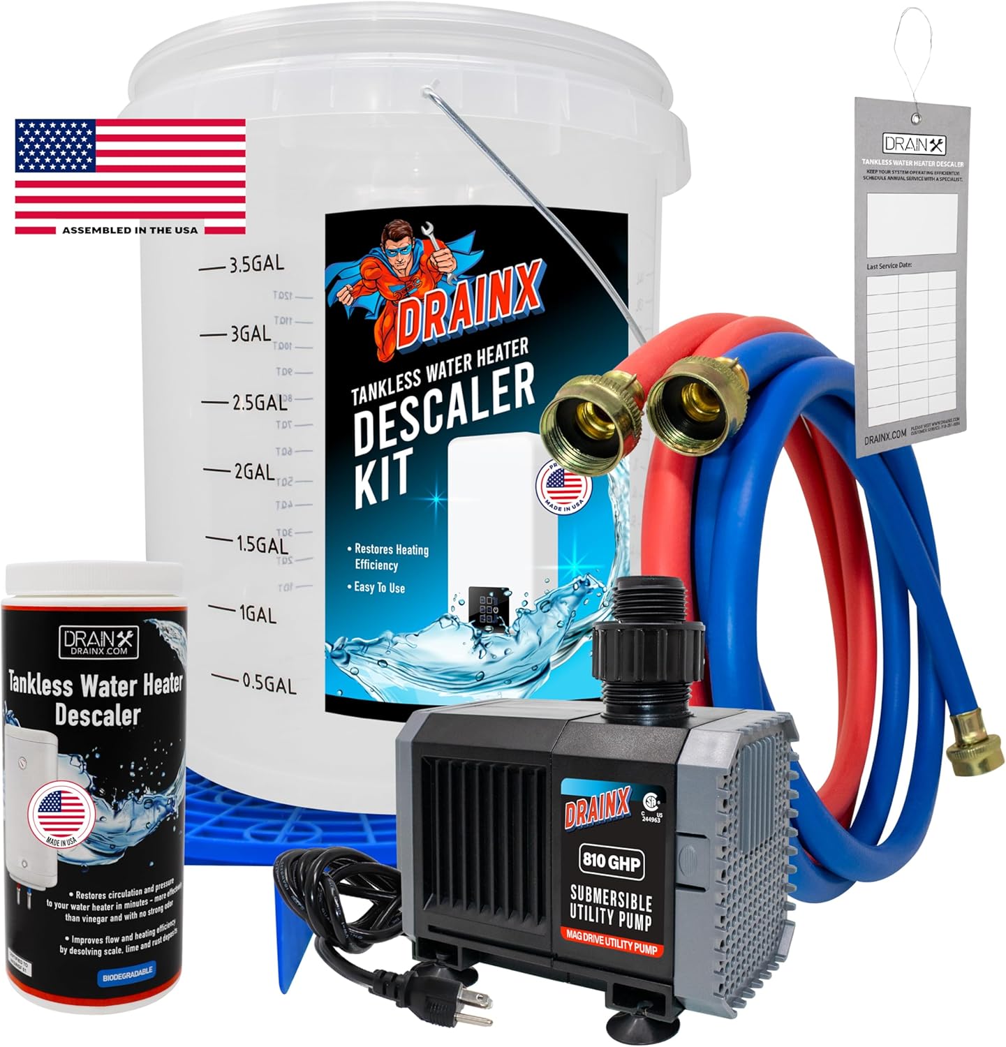DrainX Tankless Water Heater Flushing Kit with Pump, Hoses, Descaling Powder and Measuring Bucket, All in One Complete Maintenance Solution