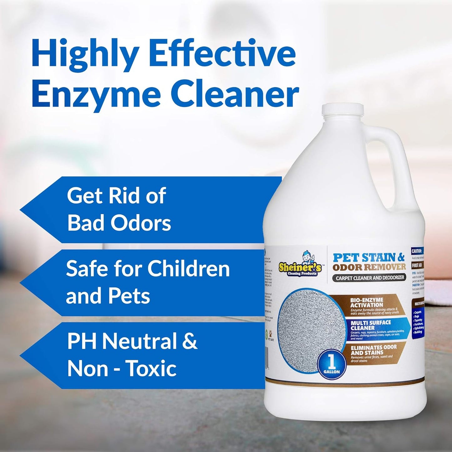 Sheiner's Pet Urine Enzyme Cleaner & Urine Odor Eliminator, Advanced Cleaning Bio-Enzyme Cleaner Solution for Carpets, Rugs, Upholstery & Multi-Surfaces, Safe for Pets & Kids. (128 oz)