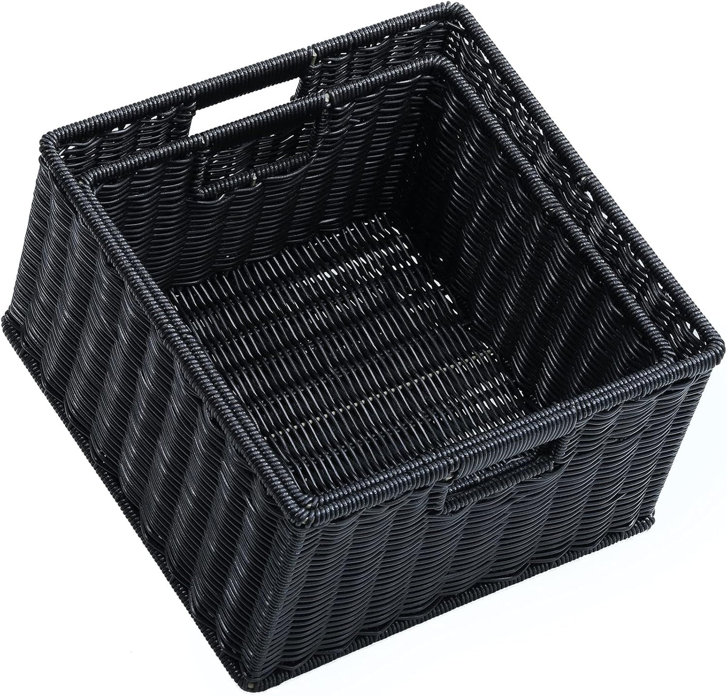 HOONEX Wicker Storage Baskets for Organizing, Decorative Woven Baskets for Storage with Carrying Handles, Set of 2, Black