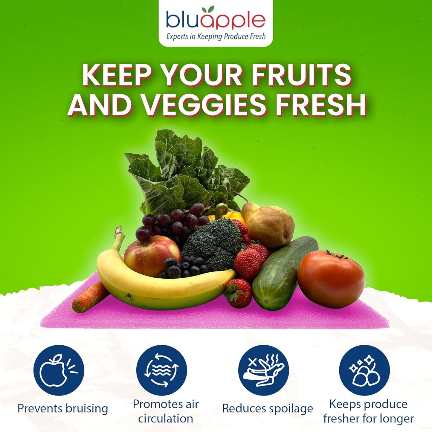 Bluapple FreshMats, Refrigerator Bin Liner, Fridge Drawer Mats, Crisper Life Extender Liner Keeps Produce Fresh Longer, Anti-Bruising, Helps Air Circulation, Washable & Reusable (4-Mats, 12x15, Pink)