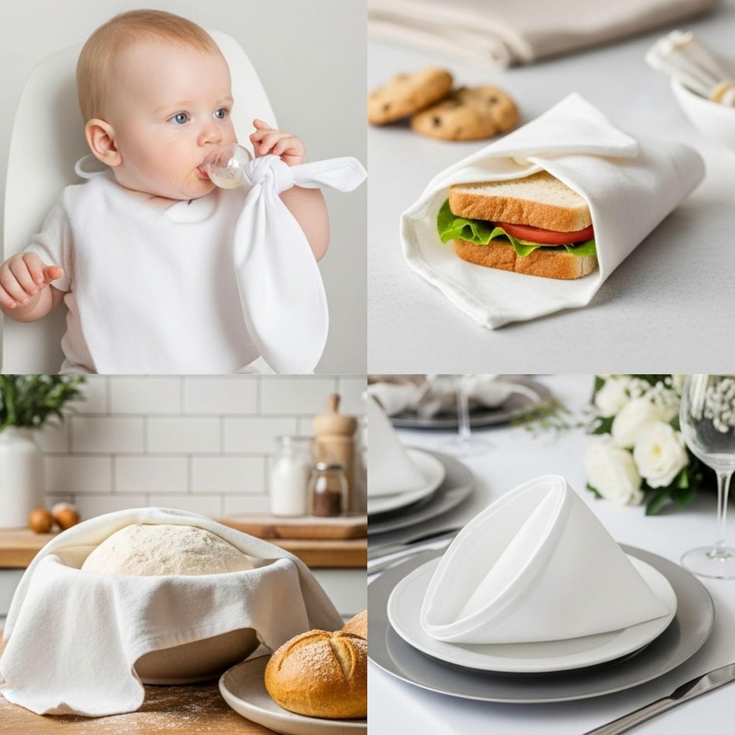 WHITEWRAP Flour Sack Towels 100% Cotton Dish Towel Reusable Baking Cloth for Bread Dough, Baguettes, Ciabatta, Machine Washable, Kitchen Towels for Cleaning – Set of 6 (18"x18") - White