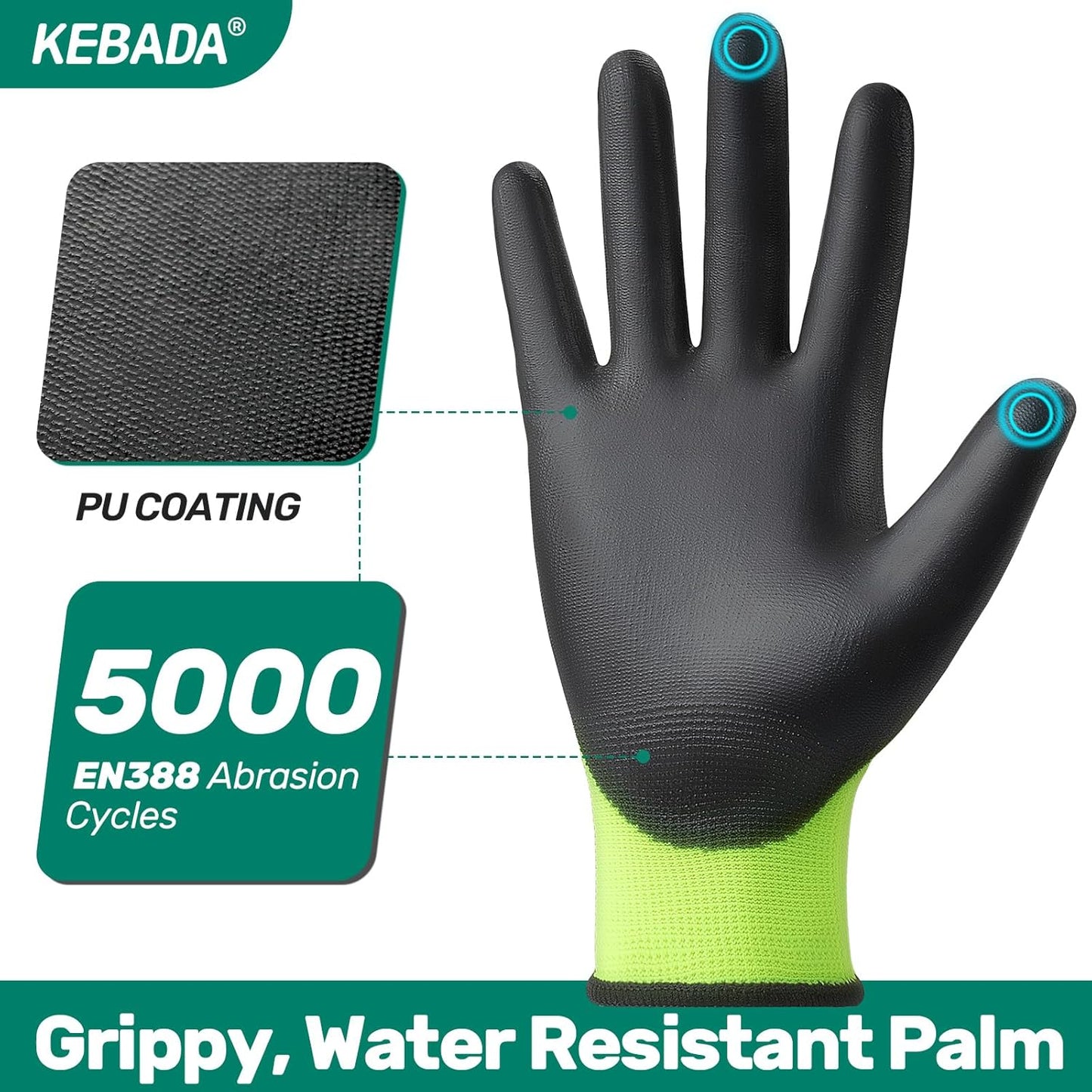 Kebada W1 Work Gloves for Men and Women, PU Coated Safety Gloves with Grip, Touchscreen, Ideal for Warehouse Package Handling, Construction, Gardening, Green Large