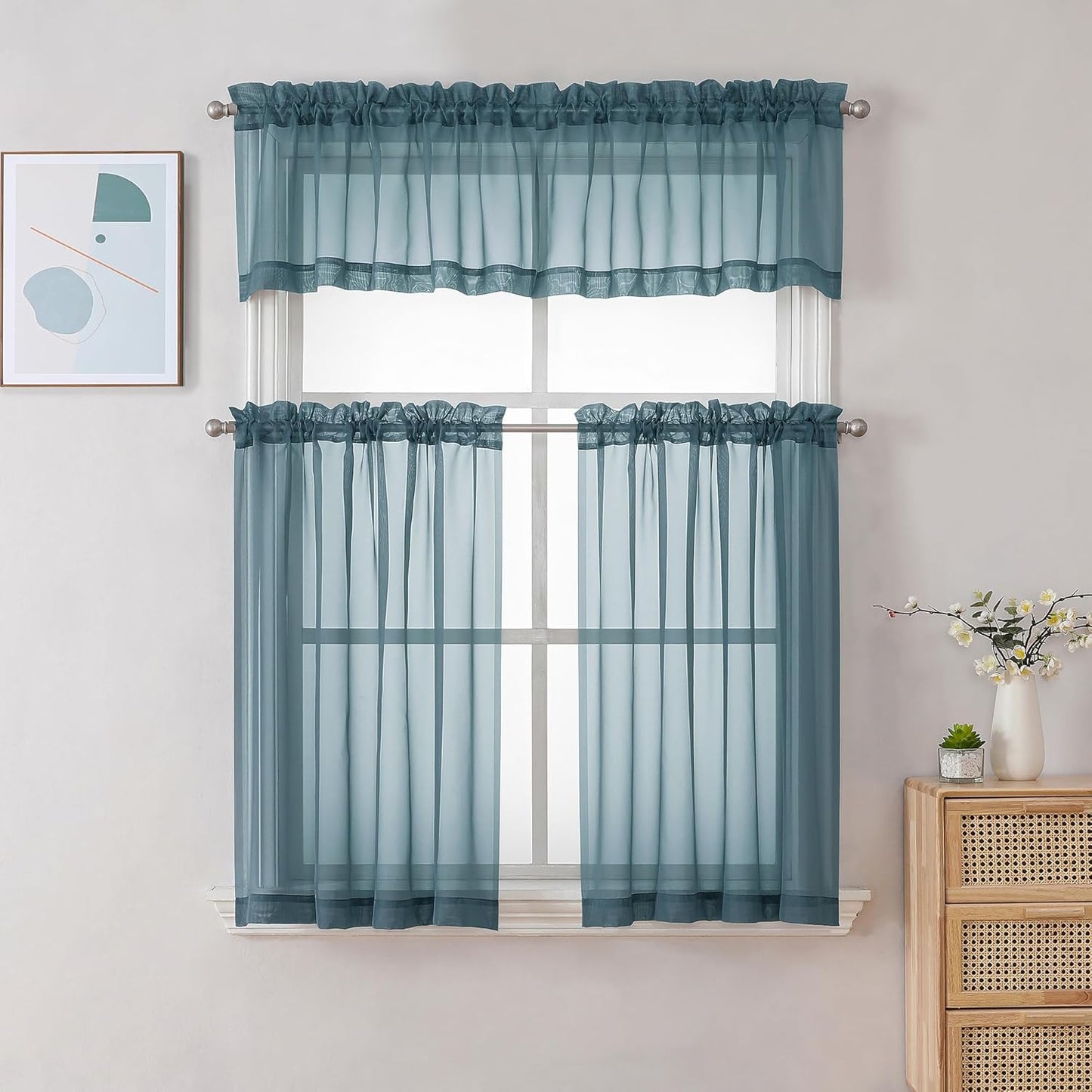 Chyhomenyc Stone Blue Sheer Curtains 30 inch Length 2 Panels, Light Filtering Voile Rod Pocket Short Window Curtians for Bathroom Living Room Farmhouse Small Windows, 42Wx30L inches