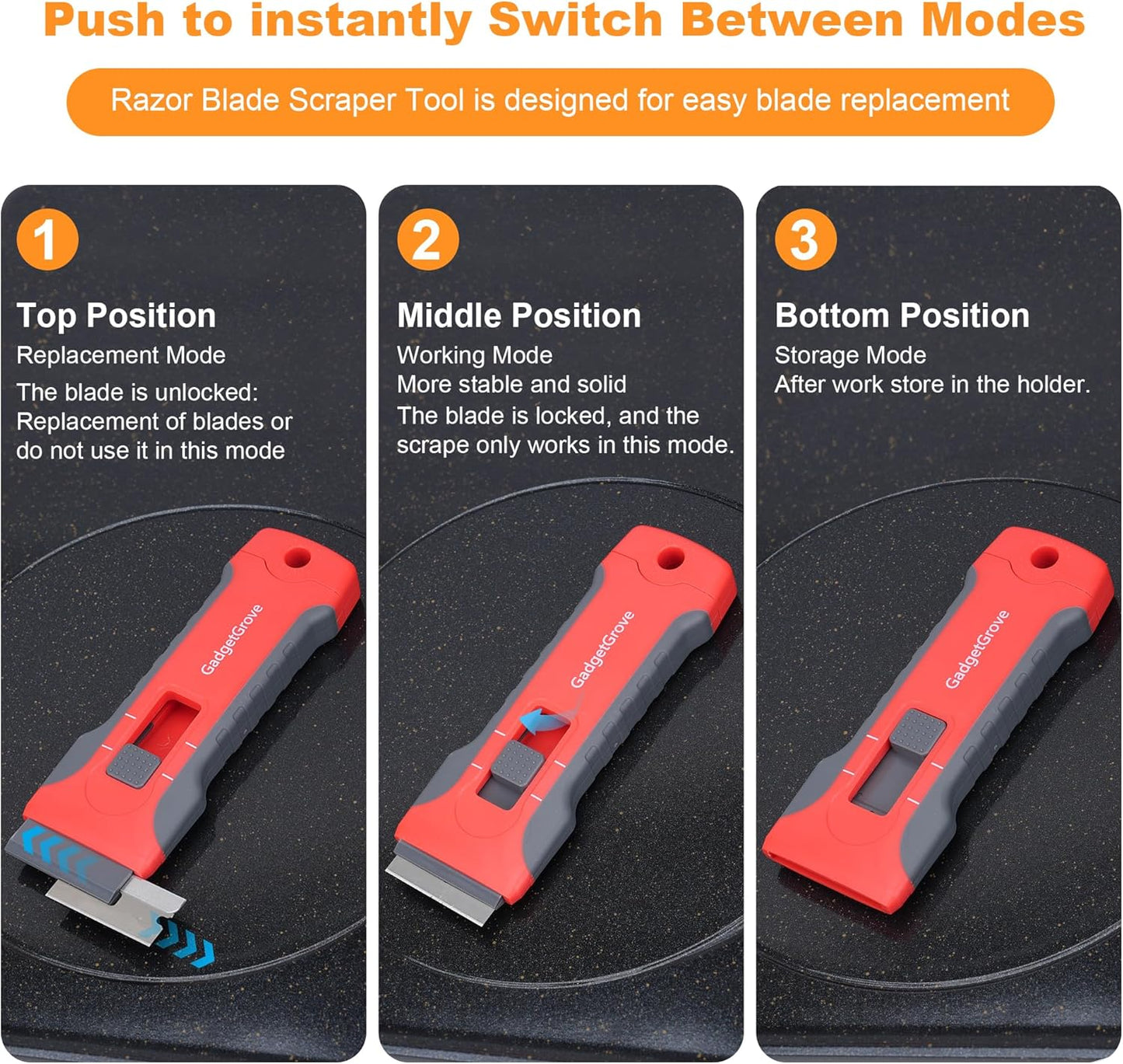 Razor Blade Scraper with 2 Pcs Plastic Scraper, Scraper Tool for Cooktop, Oven, Stove, Labels Decal, Plastic Blades for Clean Glass Window, Scraper Buit-In Blade torage, Upgraded Lock Mechanism,Gray