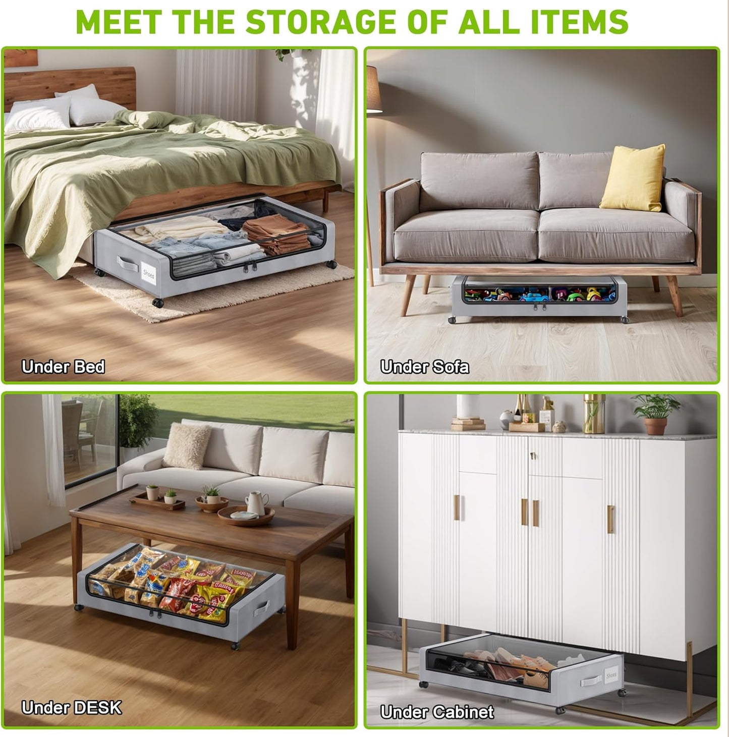 Under Bed Storage with Wheels, 2-Pack Under the Bed Storage Containers with Clear Lids & Label, Underbed Storage Bins, XXL 60L Rolling Metal Drawer for Clothes, Shoes, Toys, Books - Gray