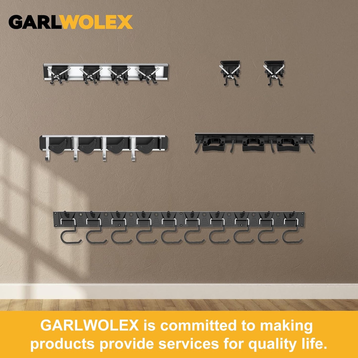 2-Pack Metal Mop Broom Holder Wall Mount - 4 Slot Tool Organizer with Rubber Grips for Kitchen, Garden, and Home Storage