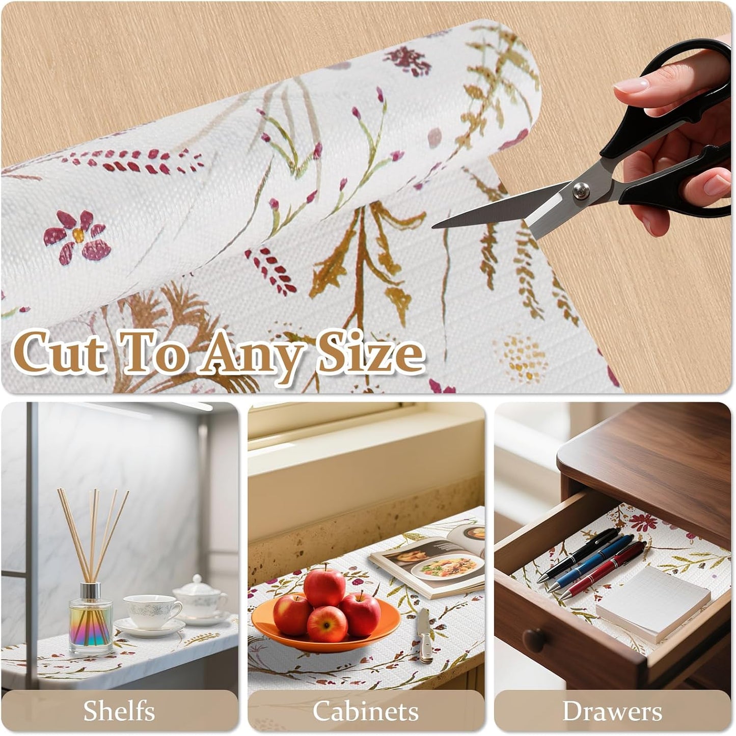 FINNEZ Shelf and Drawer Liner 12in x 10FT with Cutting Tool, Non Slip Non Adhesive Drawer Liners for Kitchen Cabinets, Waterproof Floral Cabinet Liner for Shelves, Refrigerator