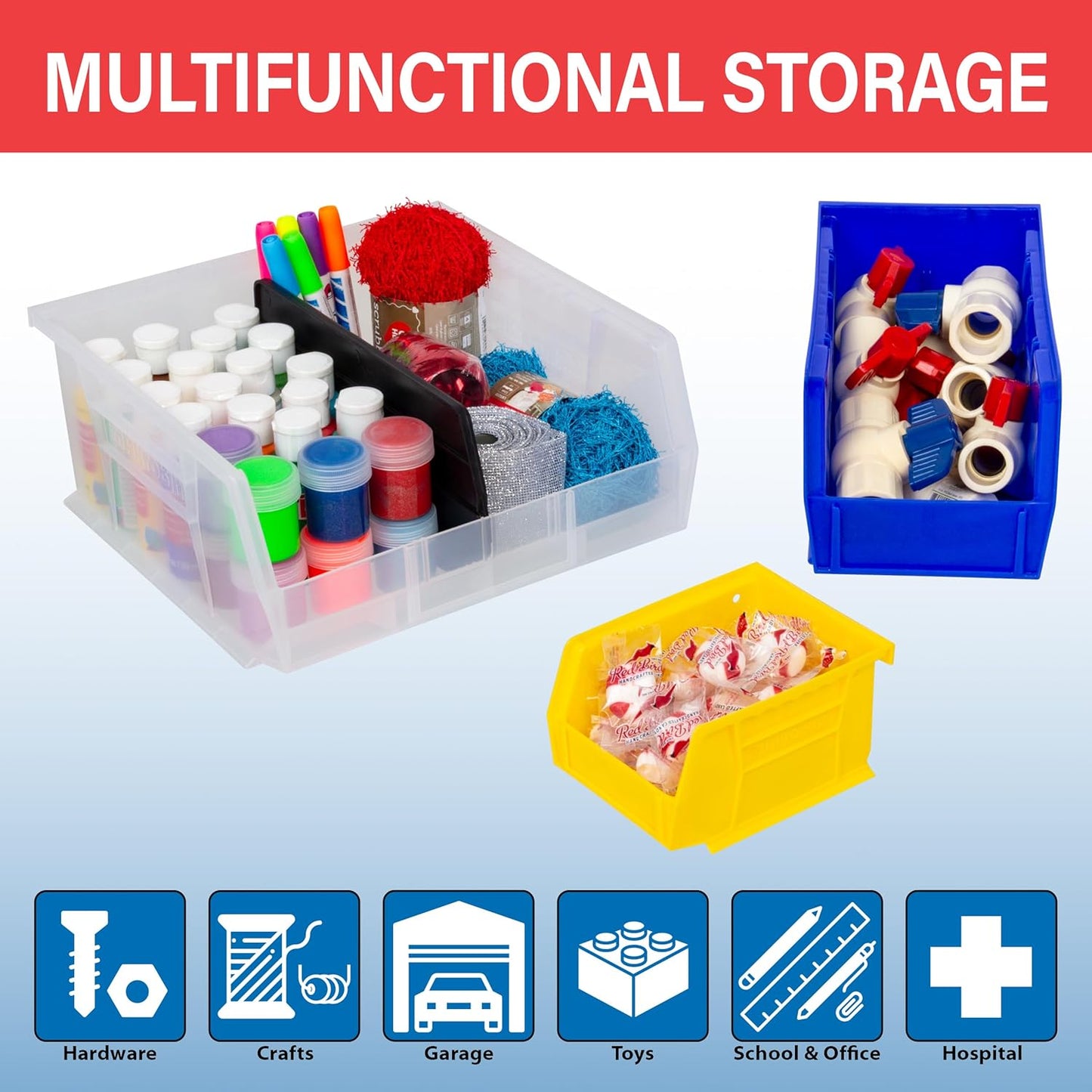 Akro-Mils 30240 AkroBins Plastic Storage Bins, Space-Saving Stackable Bins for Garage, Pantry, Craft Organization, 15" x 8" x 7", Yellow, 12-Pack